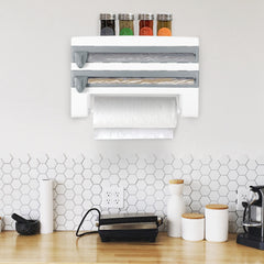 1Pc Kitchen Roll Dispenser Paper Roll Holder Plastic Wrap Film Foil Paper Organizer With Cutter Wall Mounted For Kitchen Bathroom