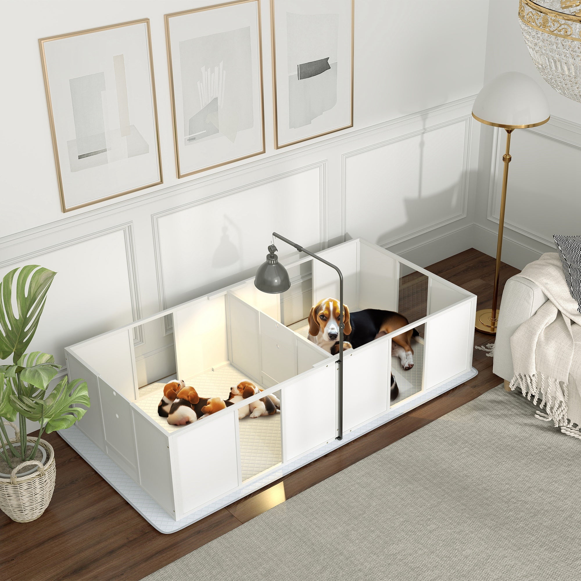 Whelping Box for Dogs w/ Retractable Light Stand, Waterproof Pee Pad & Adjustable Height Door for Medium Breed Dogs