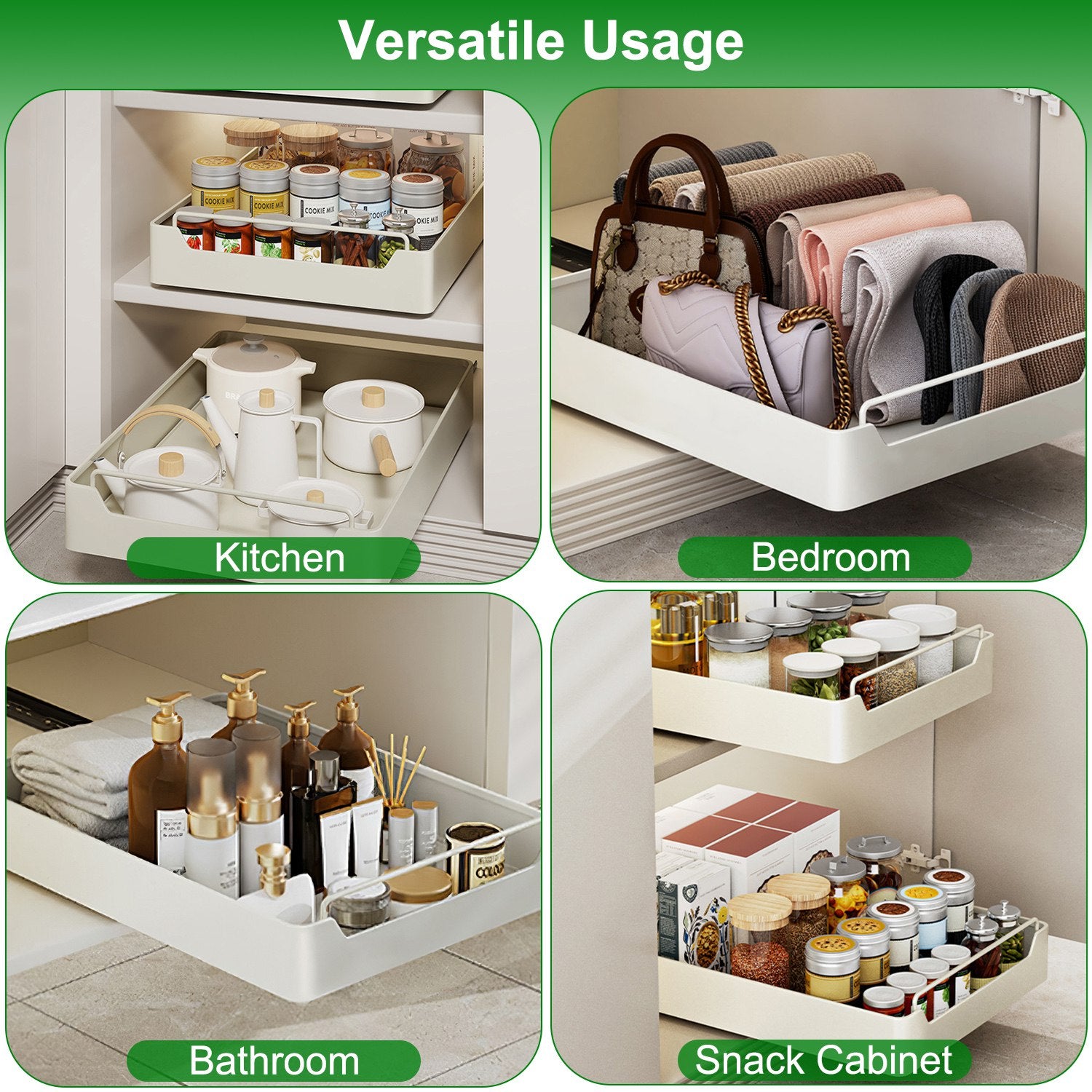 2Pcs Pull Out Cabinet Organizers Sliding Shelf Spice Rack Carbon Steel Roll Out Drawers Fixed With Adhesive Nano Film With Handle 55LBS Max Load