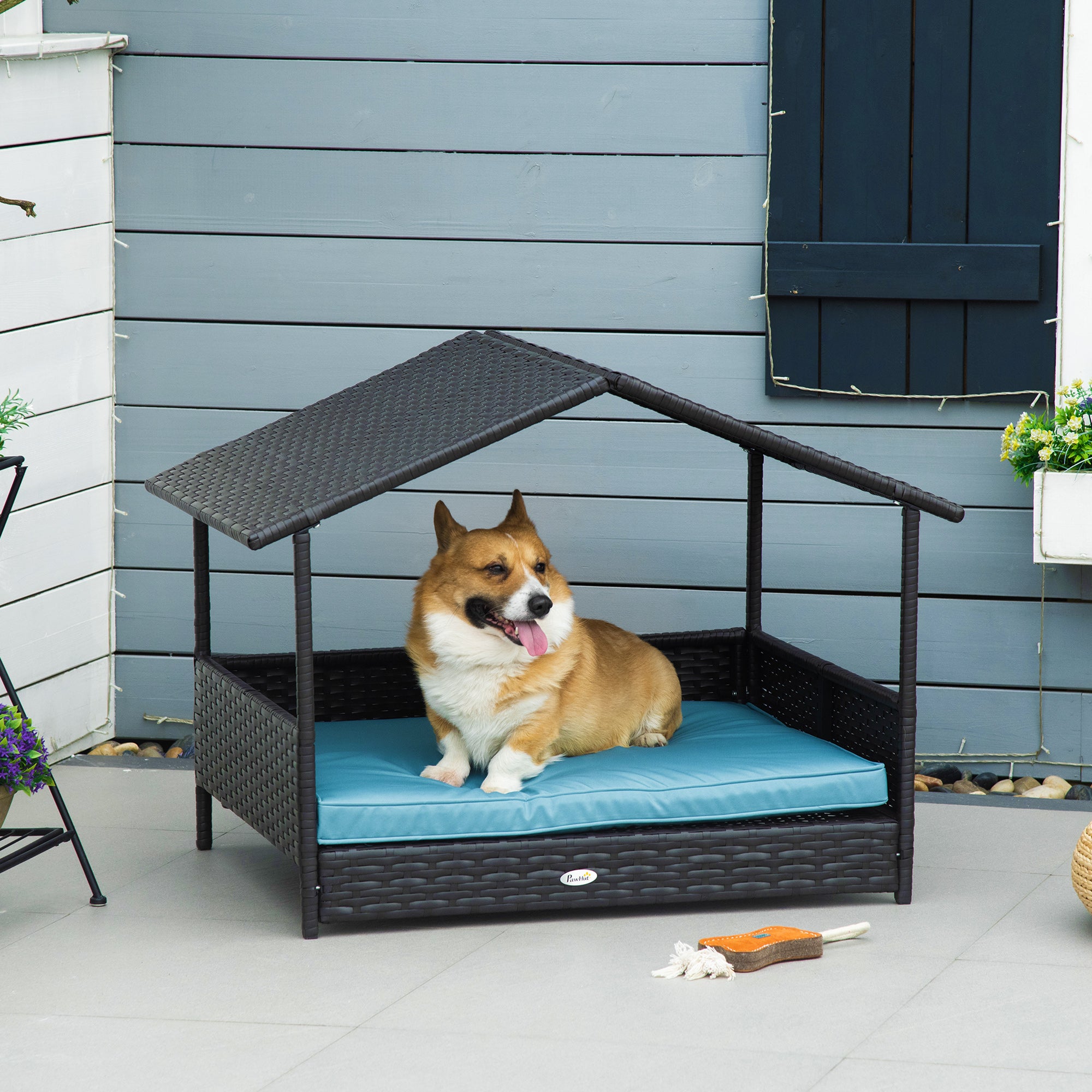 Wicker Dog House Outdoor with Canopy, Rattan Dog Bed with Water-resistant Cushion, Raised Pet Bed for Small, Medium Breeds up to 66 lbs, 20" in Length, Brown Wicker, Blue Cushion