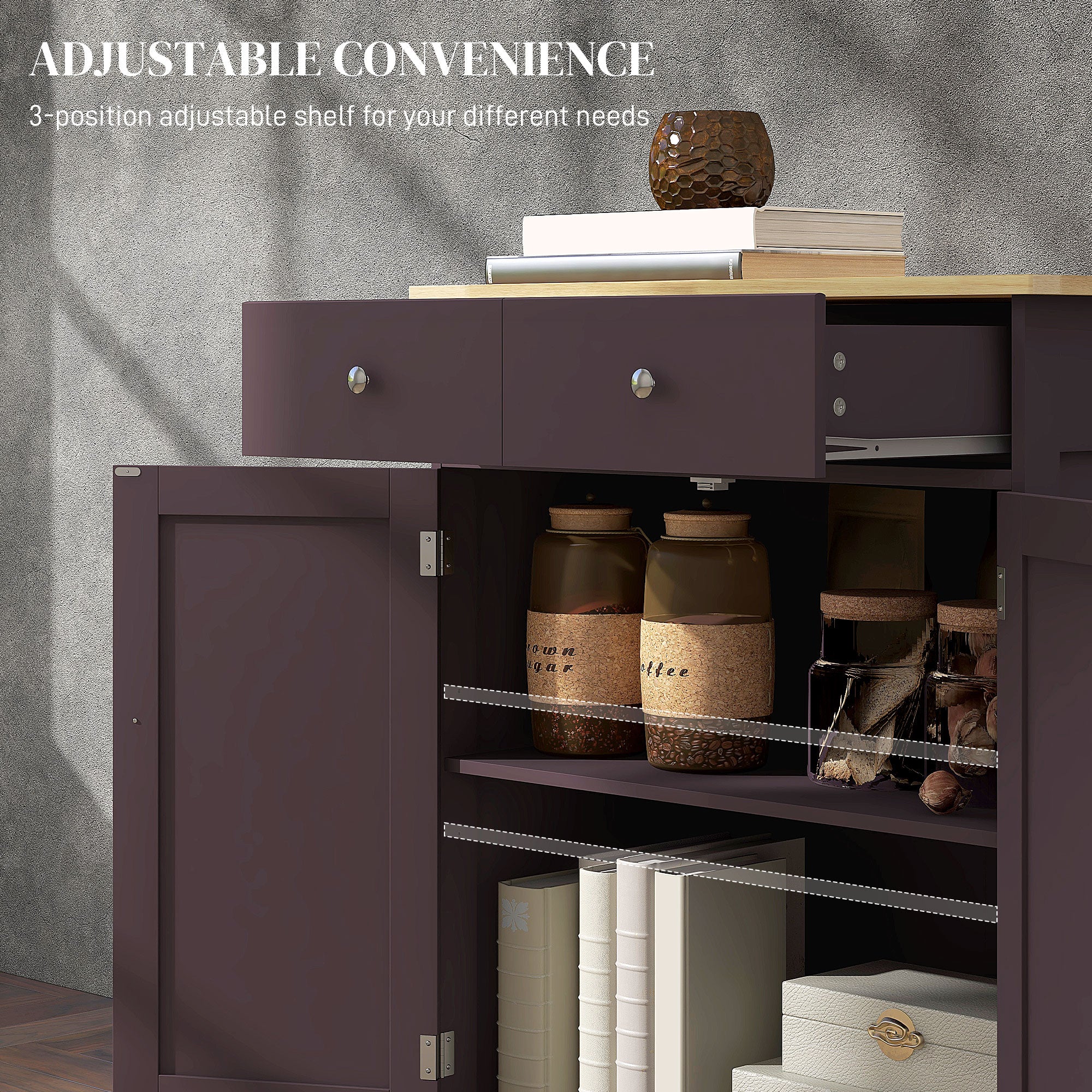 Kitchen Storage Cabinet, Sideboard Floor Cupboard with Solid Wood Top, Adjustable Shelf, and 2 Drawers, Coffee