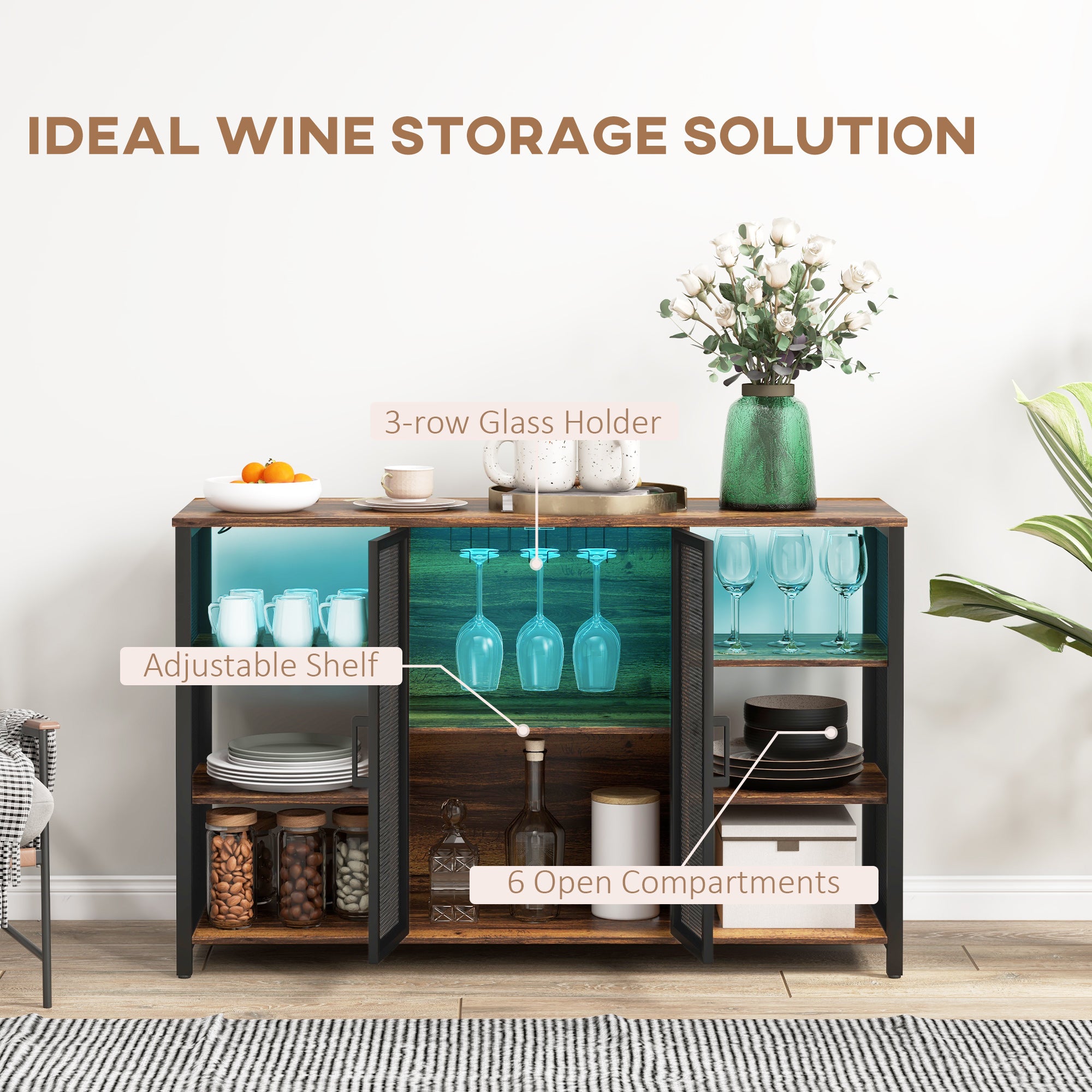 LED Wine Cabinet with Charging Station Glass Holders, Open Shelves, Rustic Brown