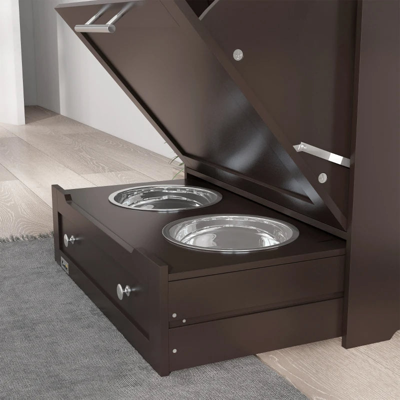 Pet Feeder Station Storage Cabinet, Dog Food Storage Container With Dog Raised Bowls, Watering Supplies, Gray