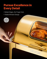 9Qt Rectangle Roll Top Chafing Dish Set With Full-Size Pan Stainless Steel Gold