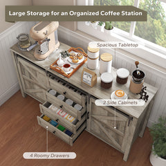 59" Buffet Cabinet, Farmhouse Sideboard with Thick Top, 2 Barn Doors, 4 Drawers and 2 Adjustable Shelves, Gray Wash