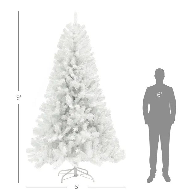 HOMCOM 9ft Tall Artificial Christmas Tree, Unlit Xmas Tree With 2132 Branch Tips, Auto Open, Steel Base, Holiday  For Home Office, White
