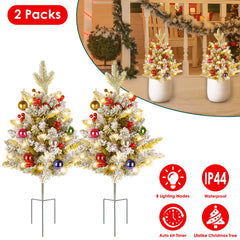2PCS 50 LED Solar Artificial Christmas Tree - Lifelike Design With 2 Lighting Modes, 600mAh Battery 4H Fast Charge, IP44 Waterproof Holiday Decoration With Red Berries/Decor Balls