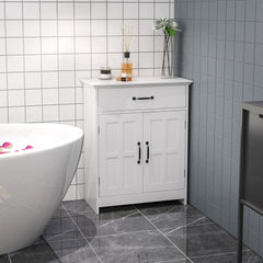 Bathroom Storage Cabinet, Modern Bathroom Cabinet with 2 Doors, Storage Drawer & Adjustable Shelf, White