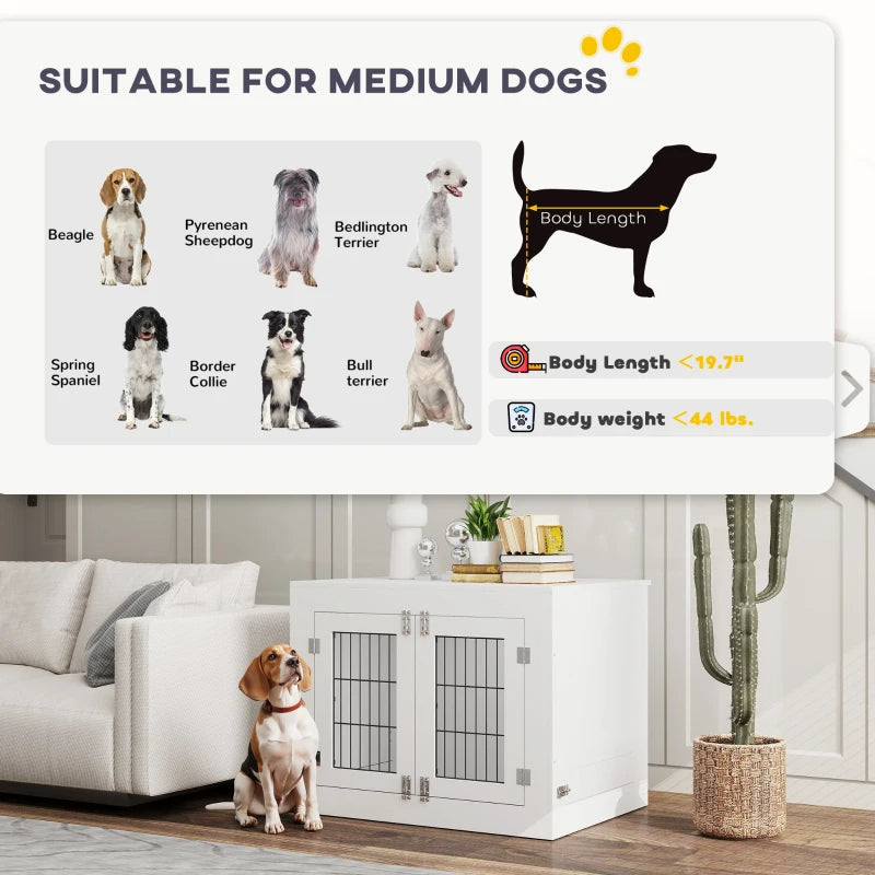 PawHut Dog Crate Furniture With 360 Rotatable Removable Dog Bowls, Dog Kennel Furniture For Medium Dogs, White