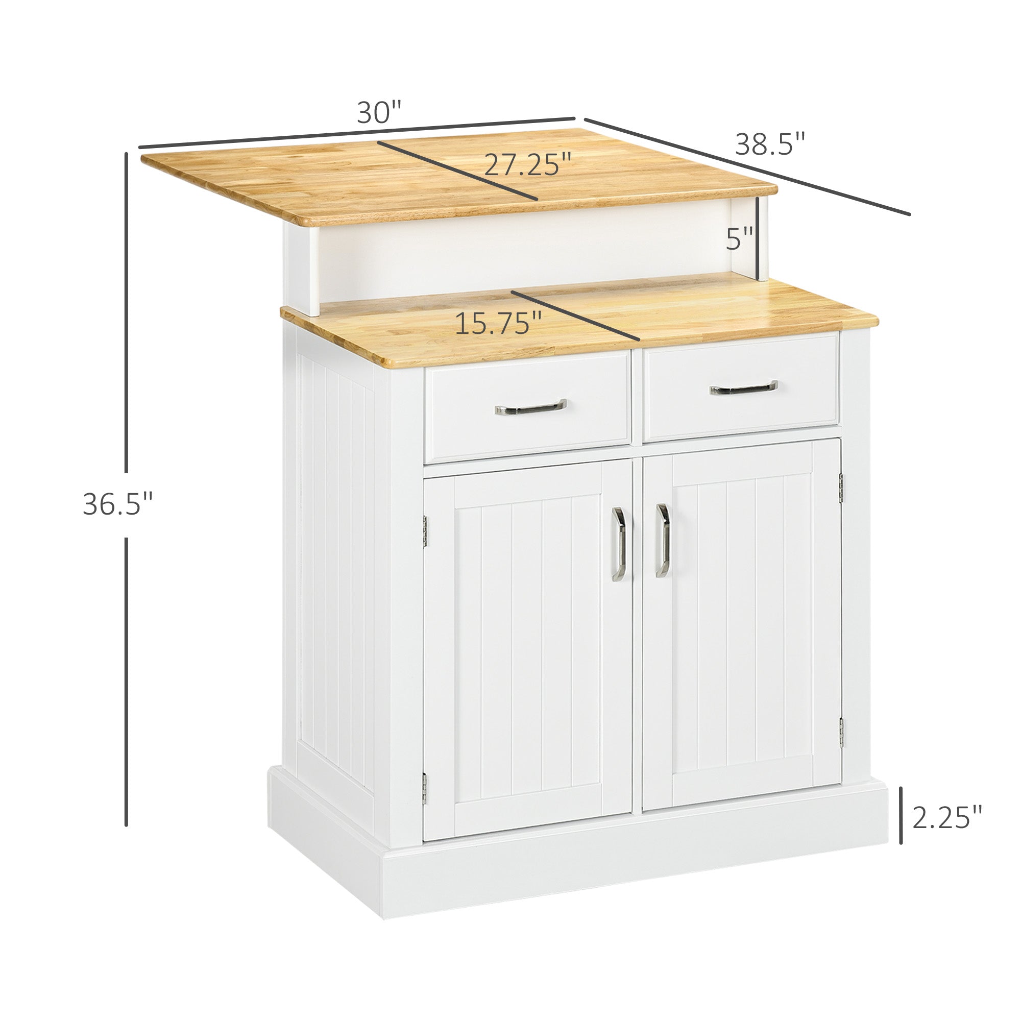 Kitchen Island with 2-Level Rubber Wood Tabletop, Island Table with Adjustable Shelves and Drawers, White