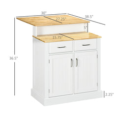Kitchen Island with 2-Level Rubber Wood Tabletop, Island Table with Adjustable Shelves and Drawers, White