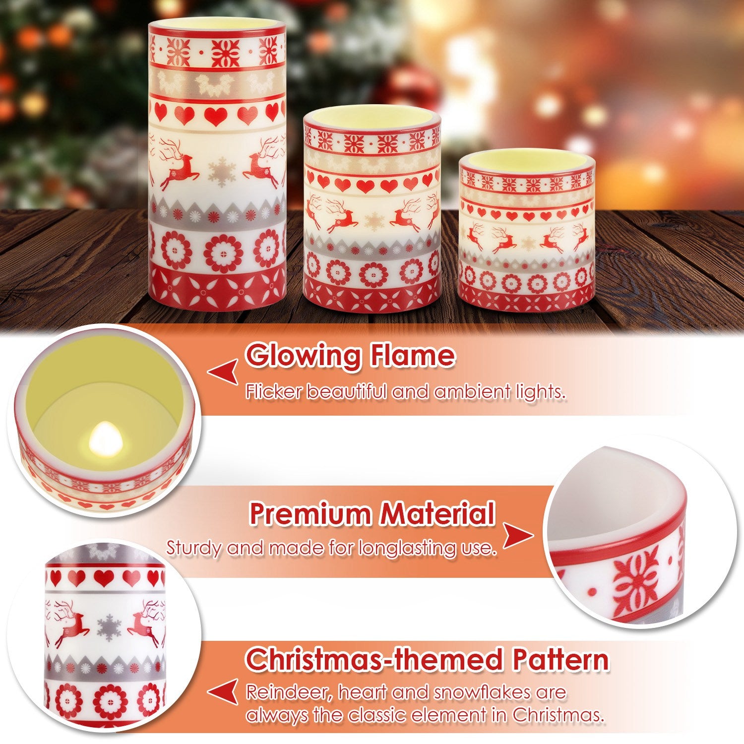 3Pack Christmas Flameless LED Candles Deer Flickering Candle Lights Pillar Candles With 3 Lighting Modes Timer Remote Control