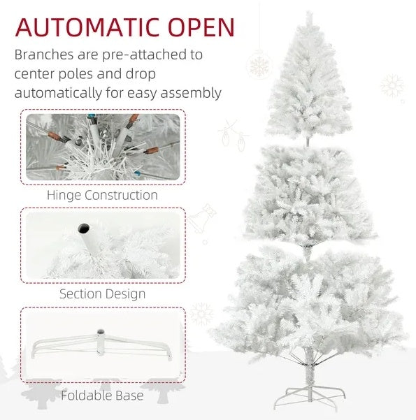 HOMCOM 9ft Tall Artificial Christmas Tree, Unlit Xmas Tree With 2132 Branch Tips, Auto Open, Steel Base, Holiday  For Home Office, White