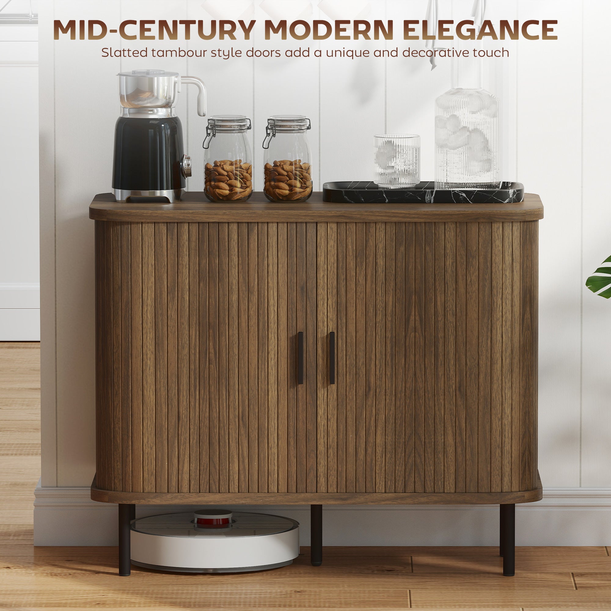 35.4" Sideboard Buffet Cabinet with Storage, Nordic Coffee Bar Cabinet with Slatted Tambour Doors and Metal Legs, Walnut
