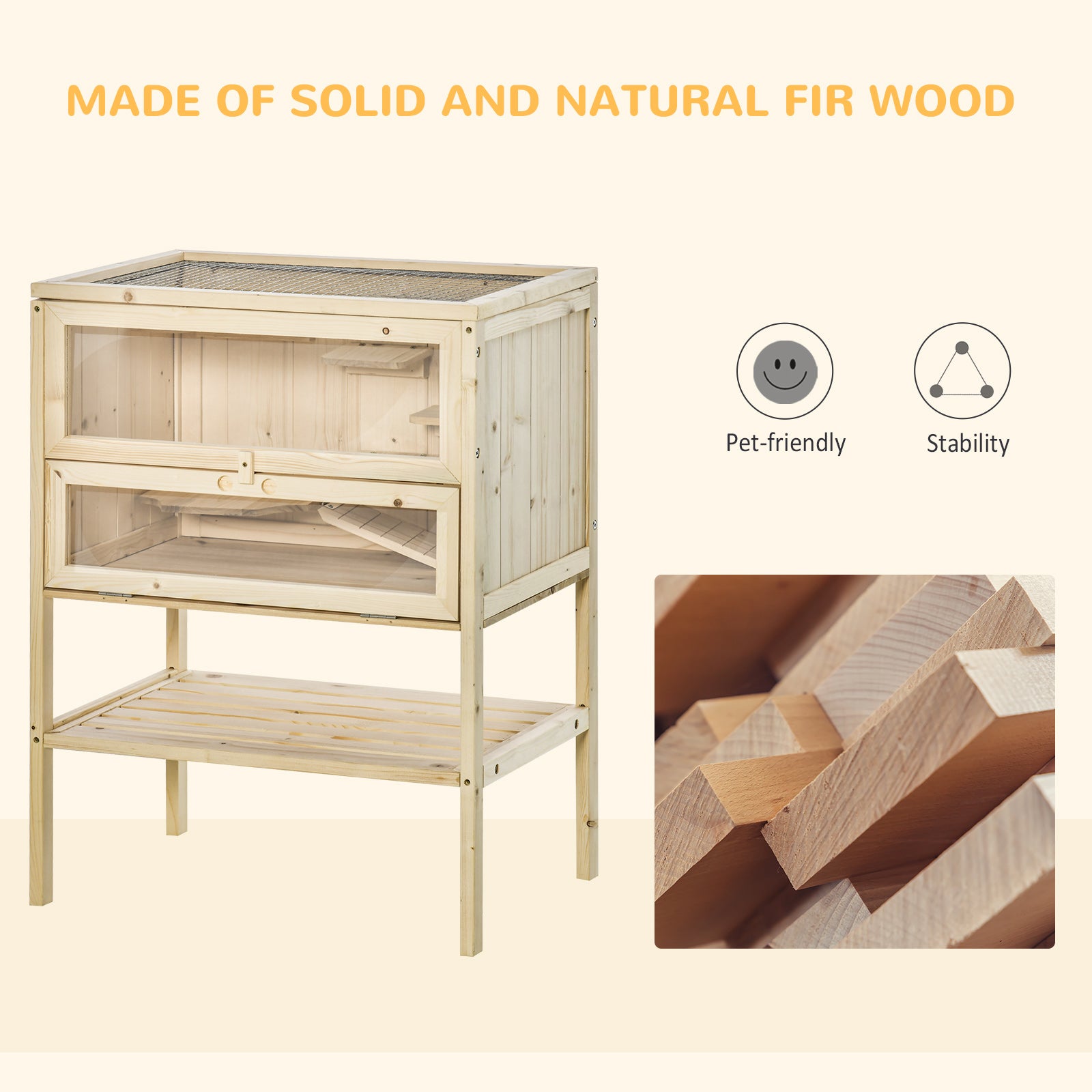 3-Tier Wooden Hamster Cage Mice and Rat Cage Small Animals Hutch with Openable Top, Front Door, Shelf, Natural Wood