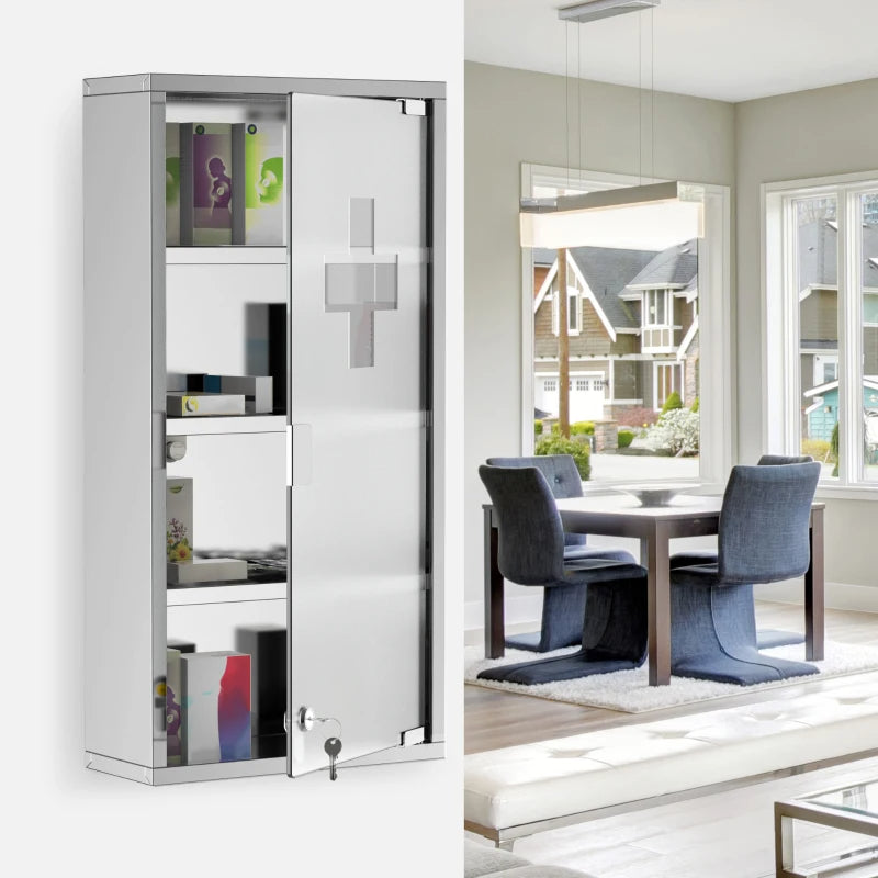 Lockable Medicine Cabinet, 4 Tier Stainless Steel Medical Wall Box With 2 Keys And Shelves For Bathroom