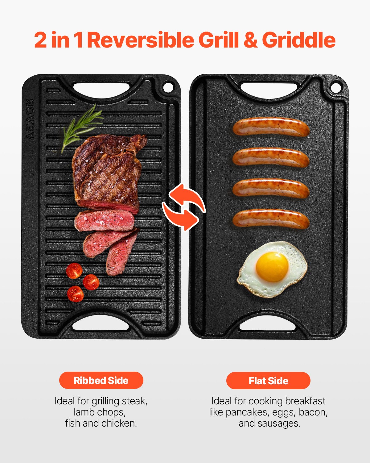 14x8.5 Inch Reversible Grill Griddle Pre-Seasoned BBQ Pan Cast Iron Black