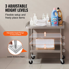 Stainless Steel Work Table, 24 X 28 X 30 Inch Commercial Food Prep Worktable With 4 Wheels, Casters, 3-Sided Backsplash Heavy Duty Prep Worktable, Metal Work Table For Restaurant Home Hotel
