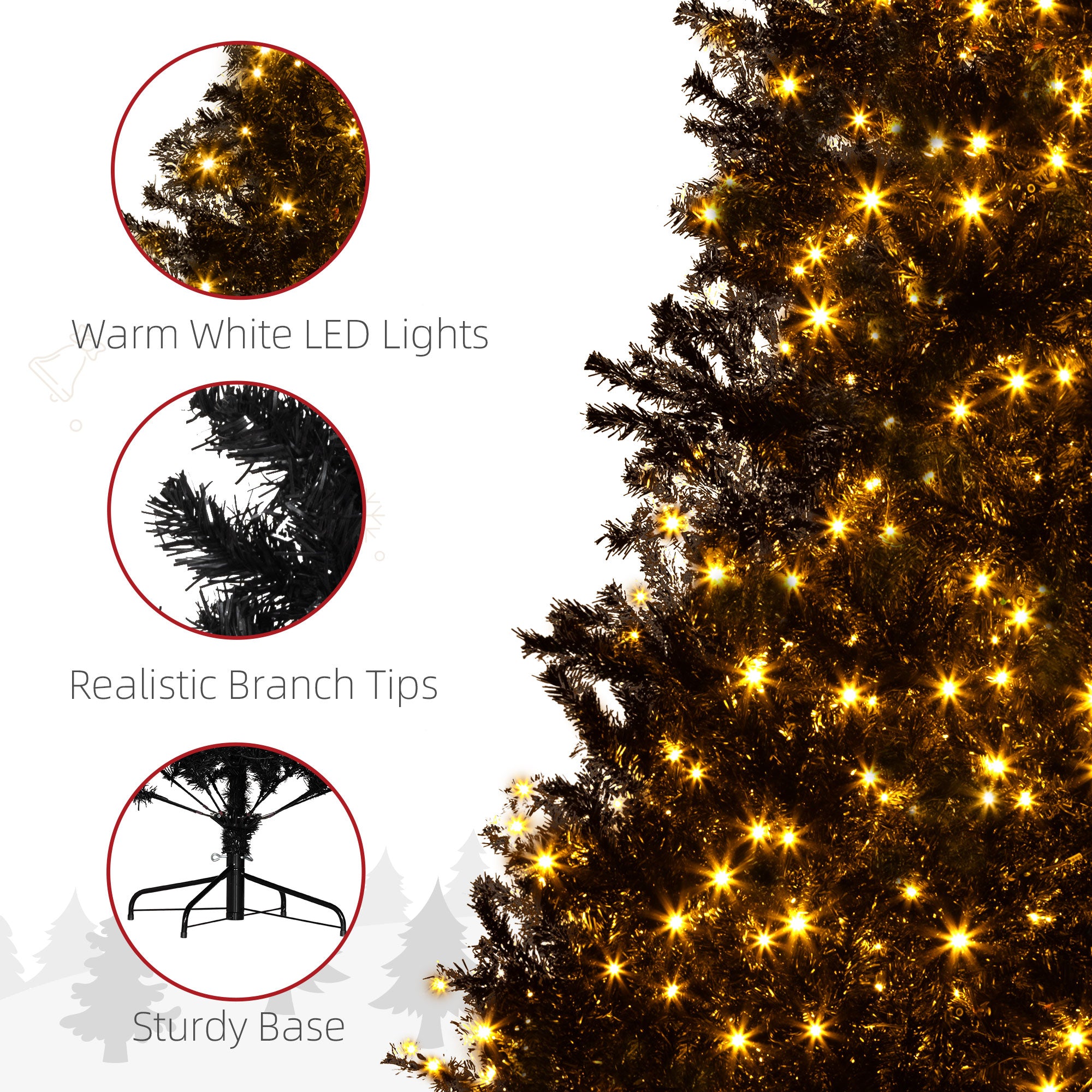 7.5 FT Tall PreLit Artificial Christmas Tree with Realistic Branches, 500 Warm White LED Lights and 1346 Tips, Black