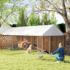 Outdoor Dog Kennel w/ Adjustable & Rotatable Bowl Rack, Waterproof UV-Resistant Cover, Secure Lock, 19.7' x 7.5' x 7.5'