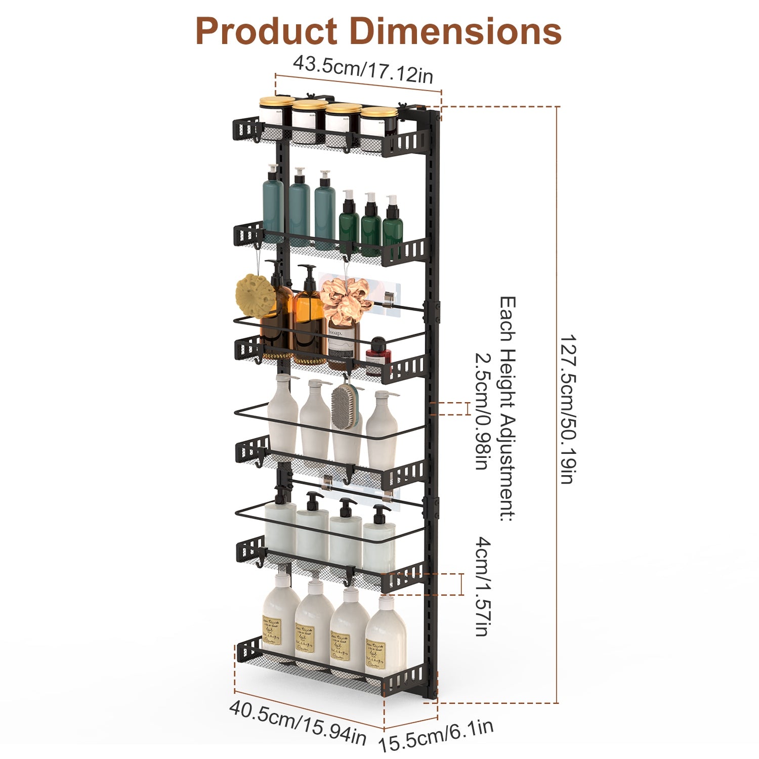 Black-White Options -- 1Pc Over The Door Pantry Organizer 6-Tier Pantry Door Organizer Carbon Steel 110LBS Loading Easy Install Behind Door Storage For Closet Kitchen Bathroom 50.19H 17.12W 5.51in D