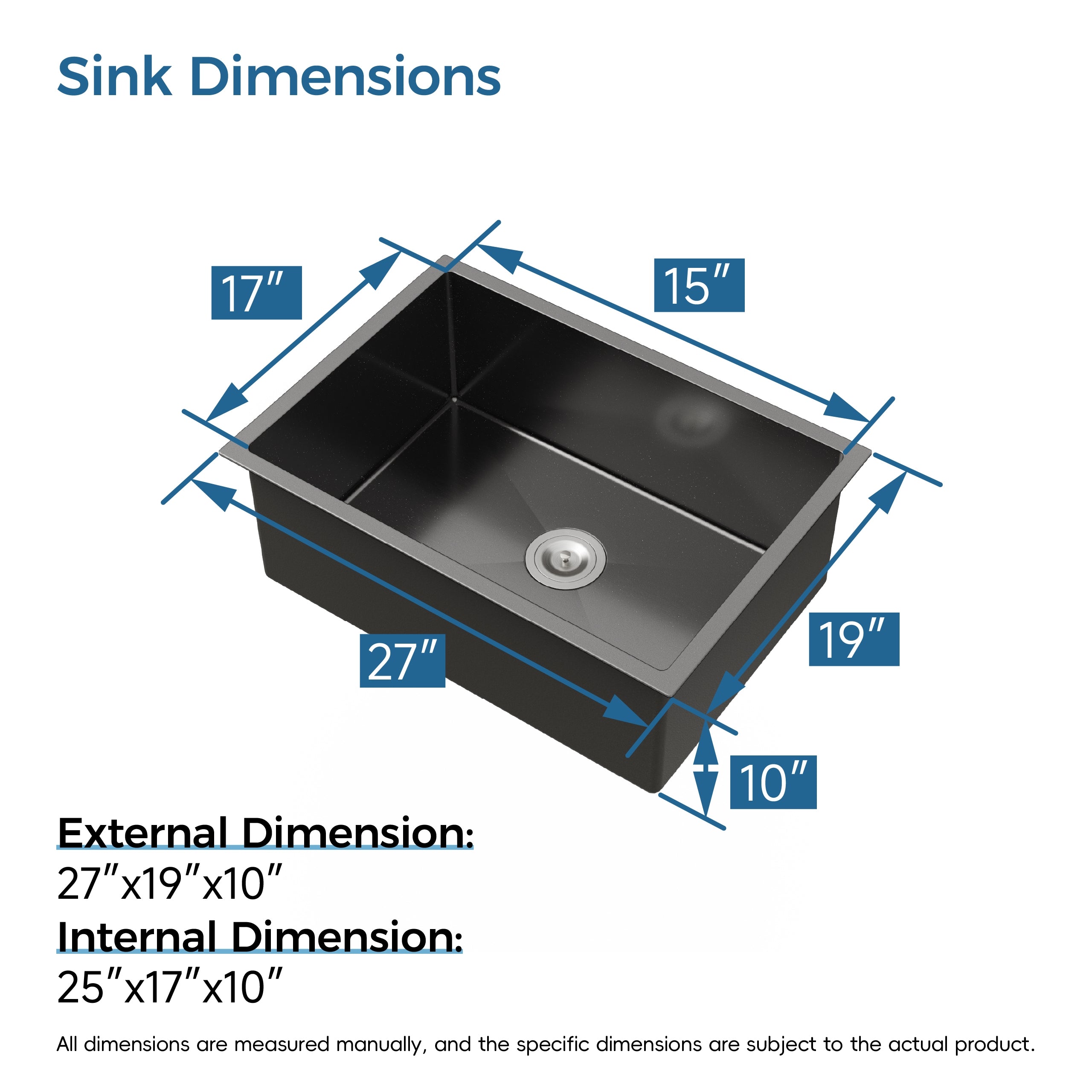 Stainless Steel Kitchen Sink, 27 X 19 Inch Single Bowl Undermount Sink, Handmade Black Kitchen Sink With US Standard Drain And Accessories