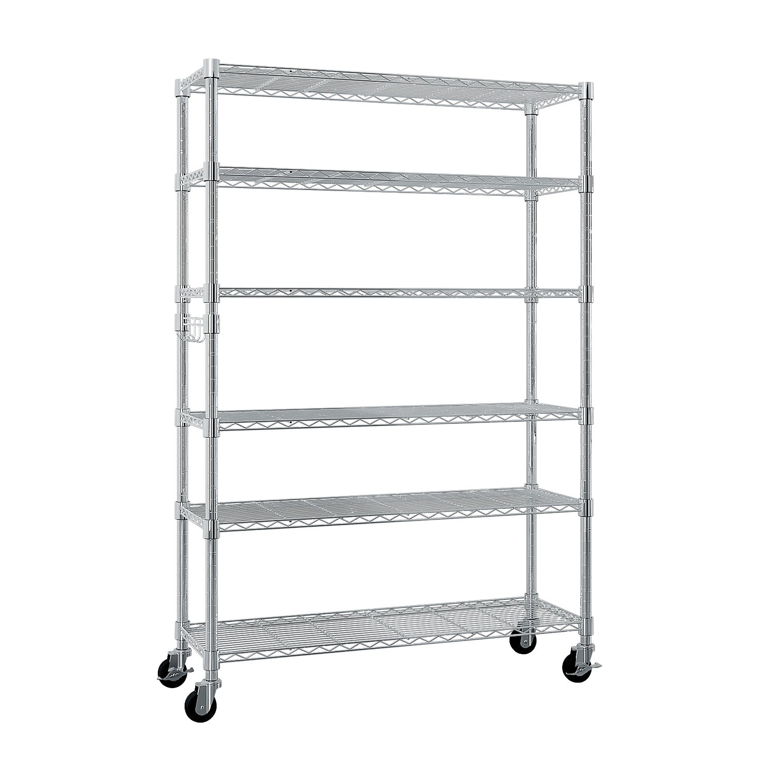 6-Tier Modular Shelving Unit With 1 Row Of Side Hooks Features Adjustable Feet And Casters Iron Construction Freely Adjustable Shelf Spacing Home Shelving Unit 117x45x208cm Silver Paint Finish