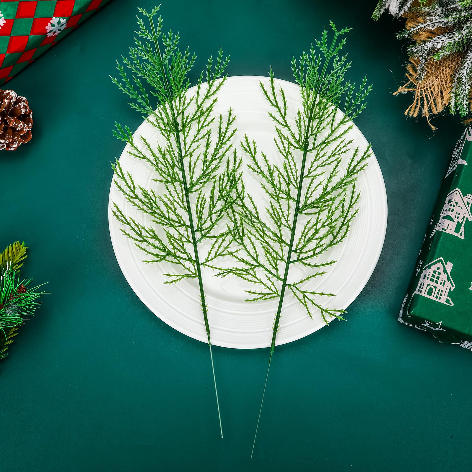 60 Pieces Artificial Pine Branches, Artificial Cedar Stems And Artificial Snow Pine Branches For Christmas Decoration Christmas Picks For DIY Garland Craft Family Kitchen Holiday Decoration Clearance