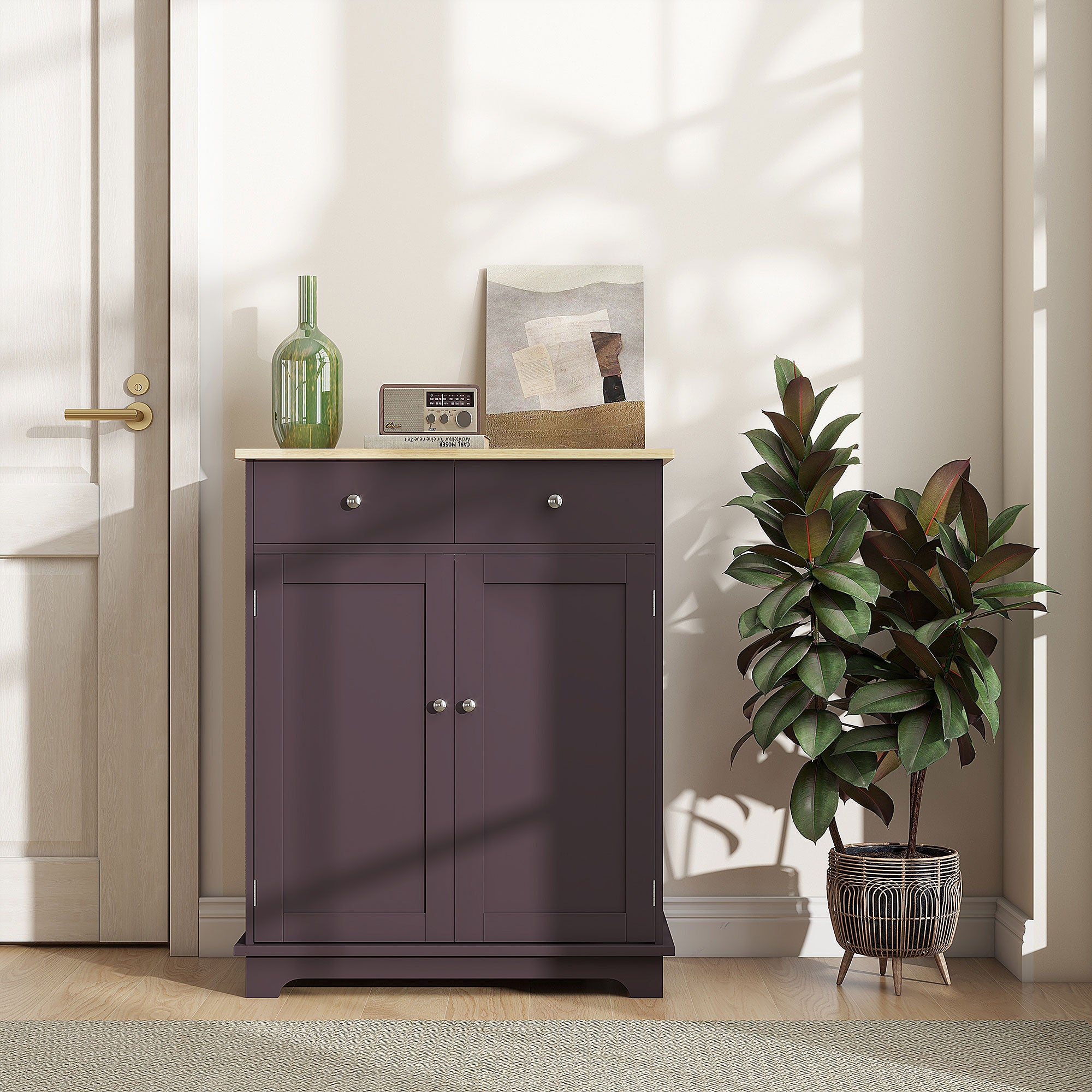 Kitchen Storage Cabinet, Sideboard Floor Cupboard with Solid Wood Top, Adjustable Shelf, and 2 Drawers, Coffee