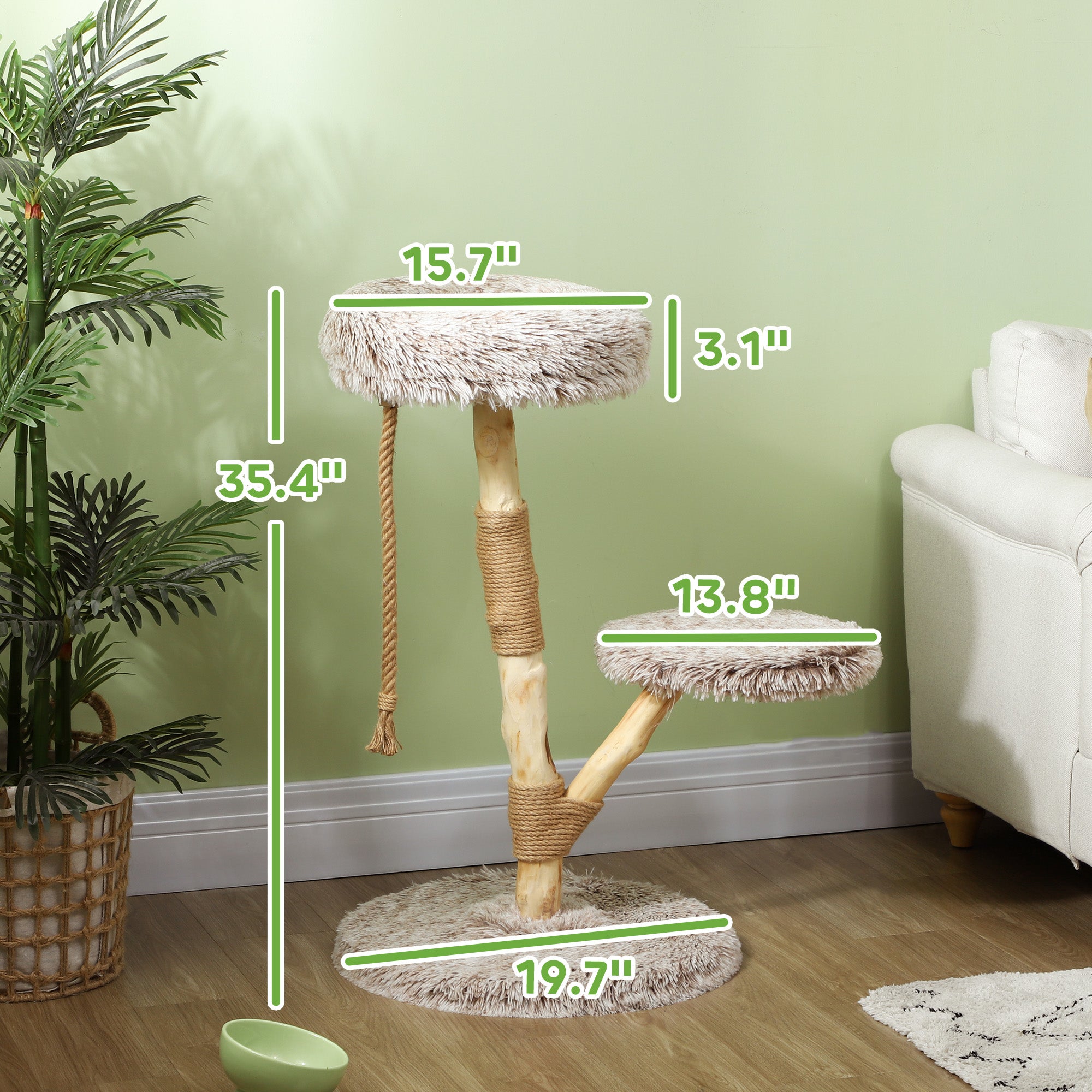 35 Inch Modern Cat Tree for Indoor Adult Cats with Wooden Scratching Posts, Cat Bed & Rope Cat Toy, Brown