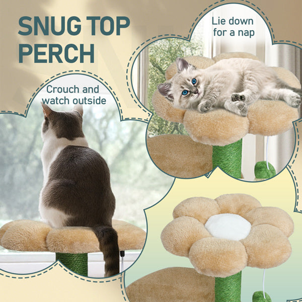 33in Cat Tree, Multi-level Cat Tower With Cat Scratching Post With Curved Perch, Cozy Cat Condo, Padded Top Bed For Kittens And Indoor Cats, Beige & Green