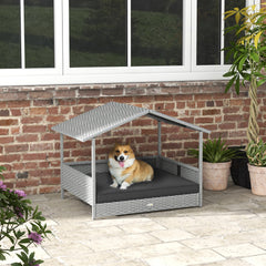 Wicker Dog House Outdoor with Canopy, Rattan Dog Bed with Water-resistant Cushion, Raised Pet Bed for Small, Medium Breeds up to 66 lbs, 20" in Length, Silver Wicker, Gray Cushion