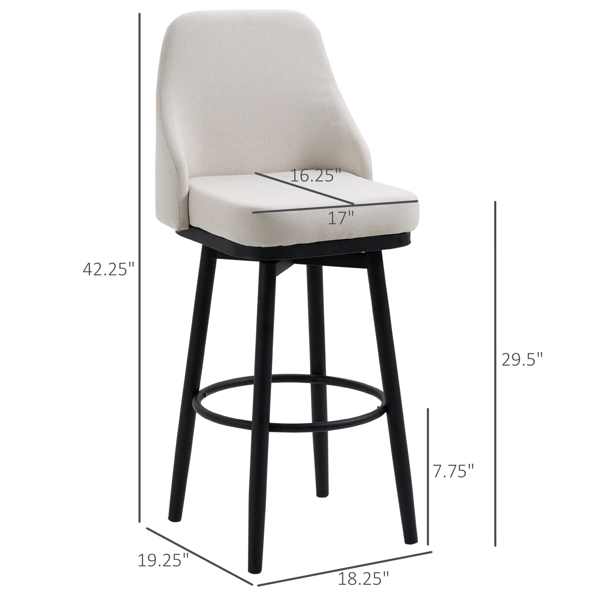 Bar Height Bar Stools Set of 2, Modern 360° Swivel Kitchen Chairs with Steel Legs and Footrest, 29.5 Inch Seat Height Upholstered Barstools for Kitchen Island, Cream White