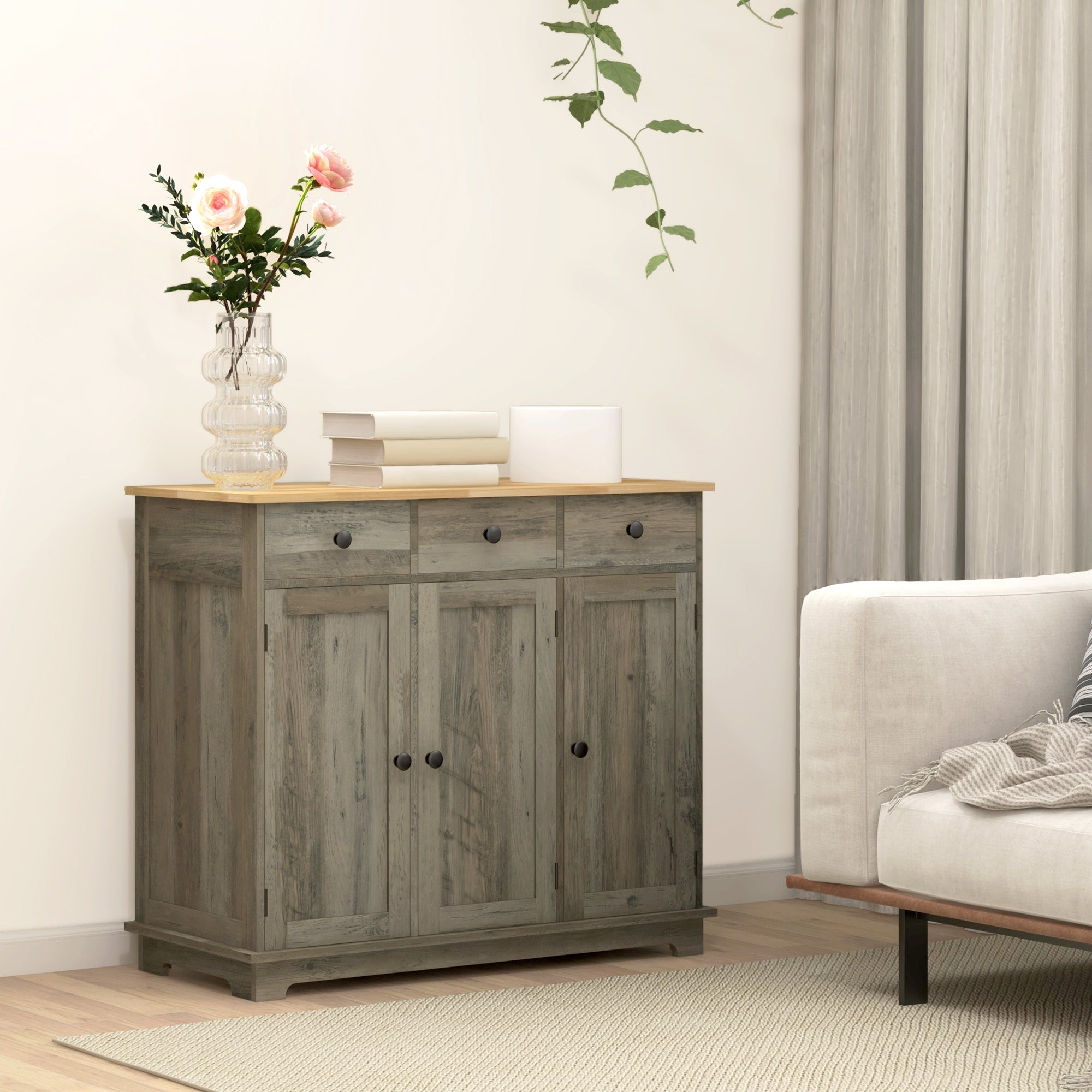 Kitchen Storage Cabinet, Sideboard Floor Cupboard with Solid Wood Top, Adjustable Shelf, and 3 Drawers, Distressed Gray