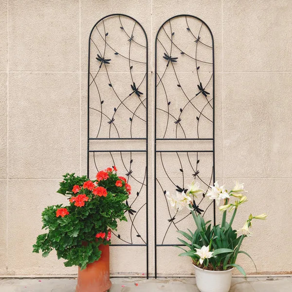 4 Pack Metal Garden Trellis 86.7" X 19.7" Rustproof Trellis For Climbing Plants Outdoor Flower Support Dragonfly Deco Black
