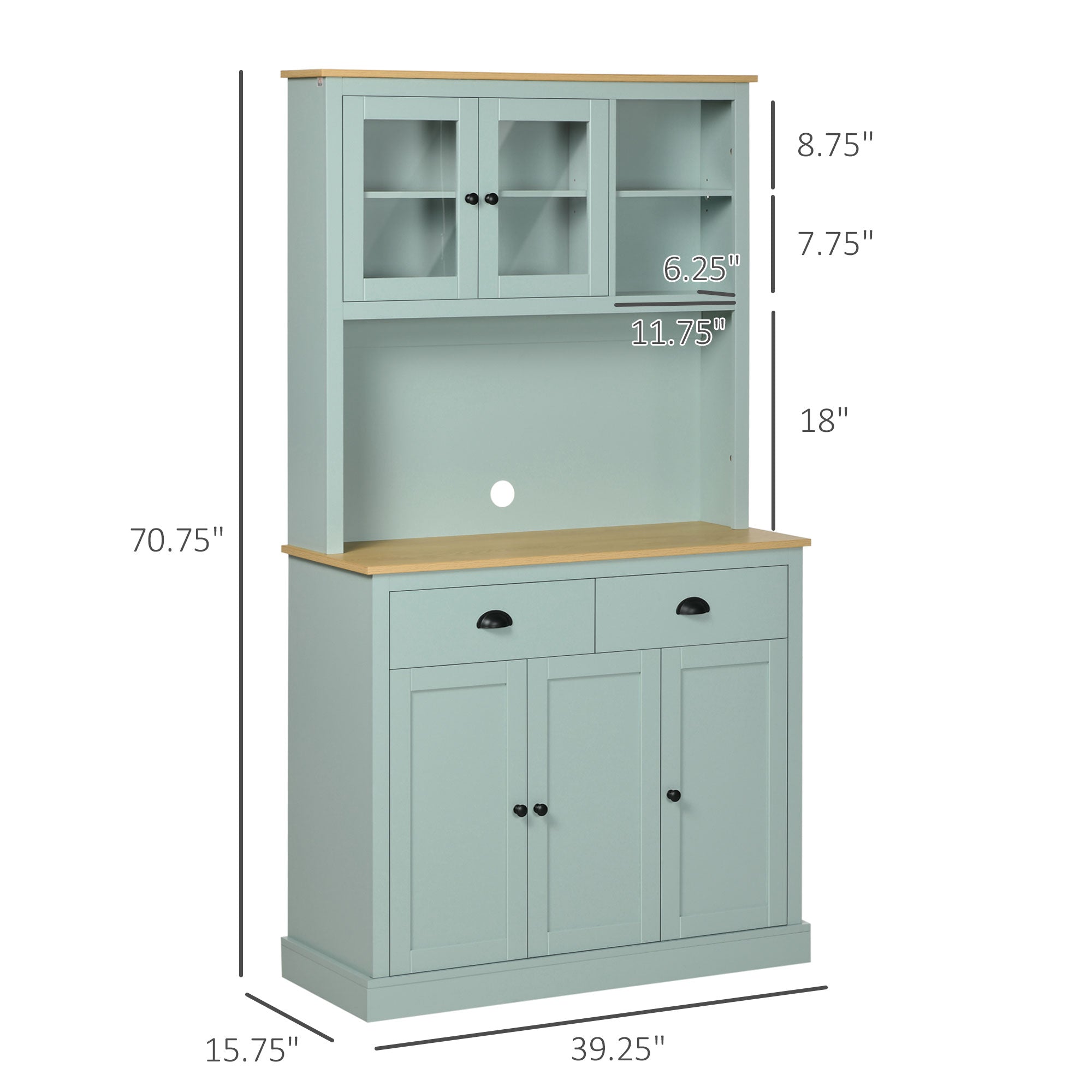 Kitchen Pantry Storage Cabinet with Microwave Stand, 71" Modern Kitchen Hutch with Open Countertop, Glass Doors, Storage Drawers and Adjustable Shelves for Dining Room, Coffee Bar, Light Blue
