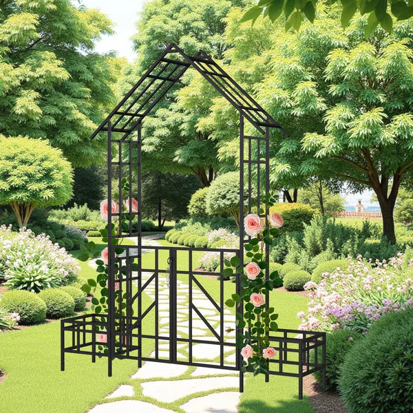 Metal Garden Arch With Gate With Planter W80.71*H97.24 Climbing Plants Support Rose Arch Outdoor Black