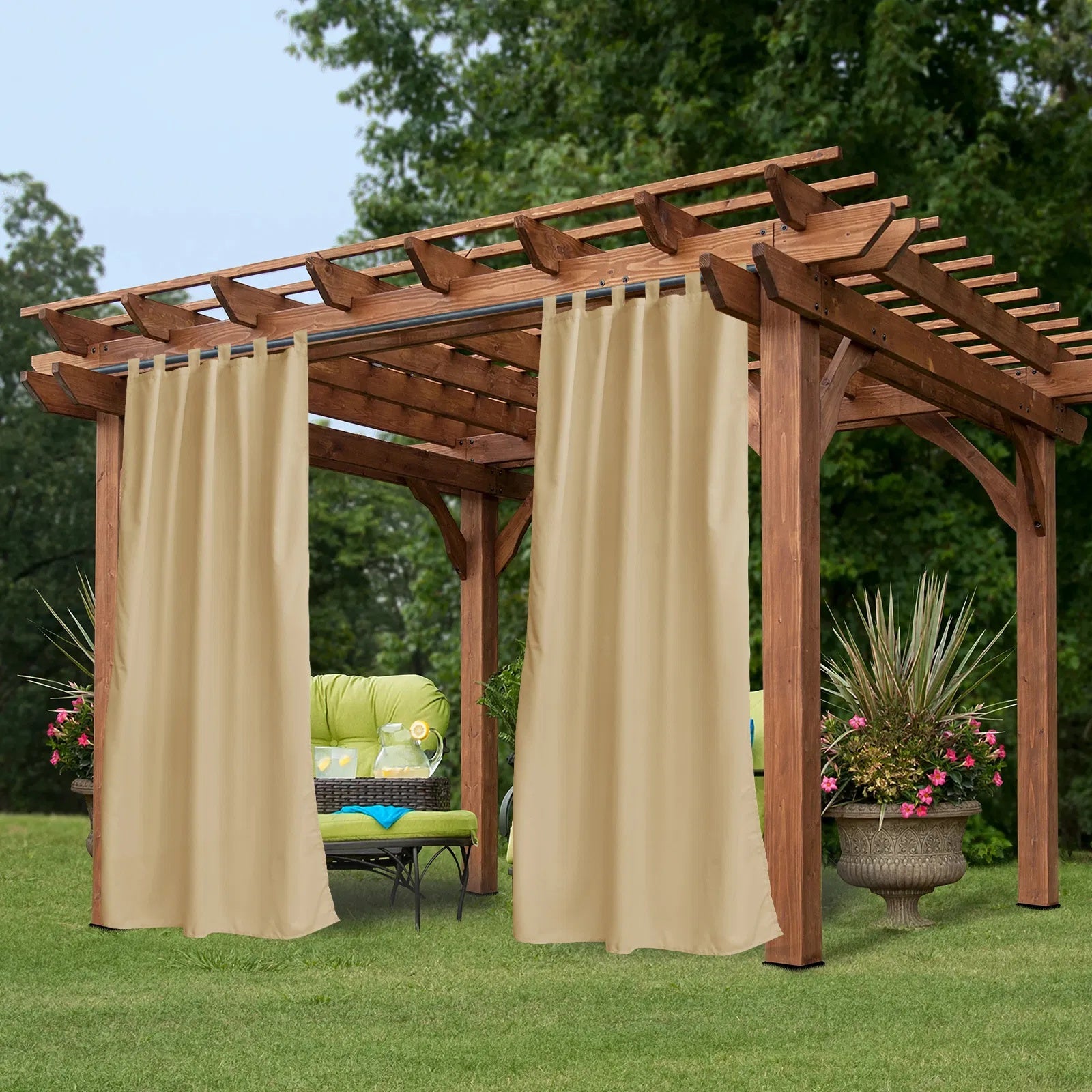 Outdoor Privacy Waterproof Fabric Mildew Resistant Tab Top Window Curtain-Beige