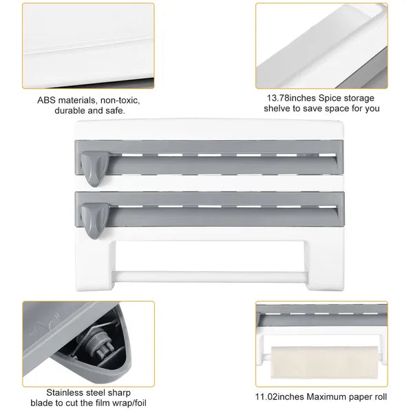 Kitchen Roll Dispenser Paper Roll Holder Plastic Wrap Film Foil Paper Organizer W/ Cutter Wall Mounted For Kitchen Bathroom