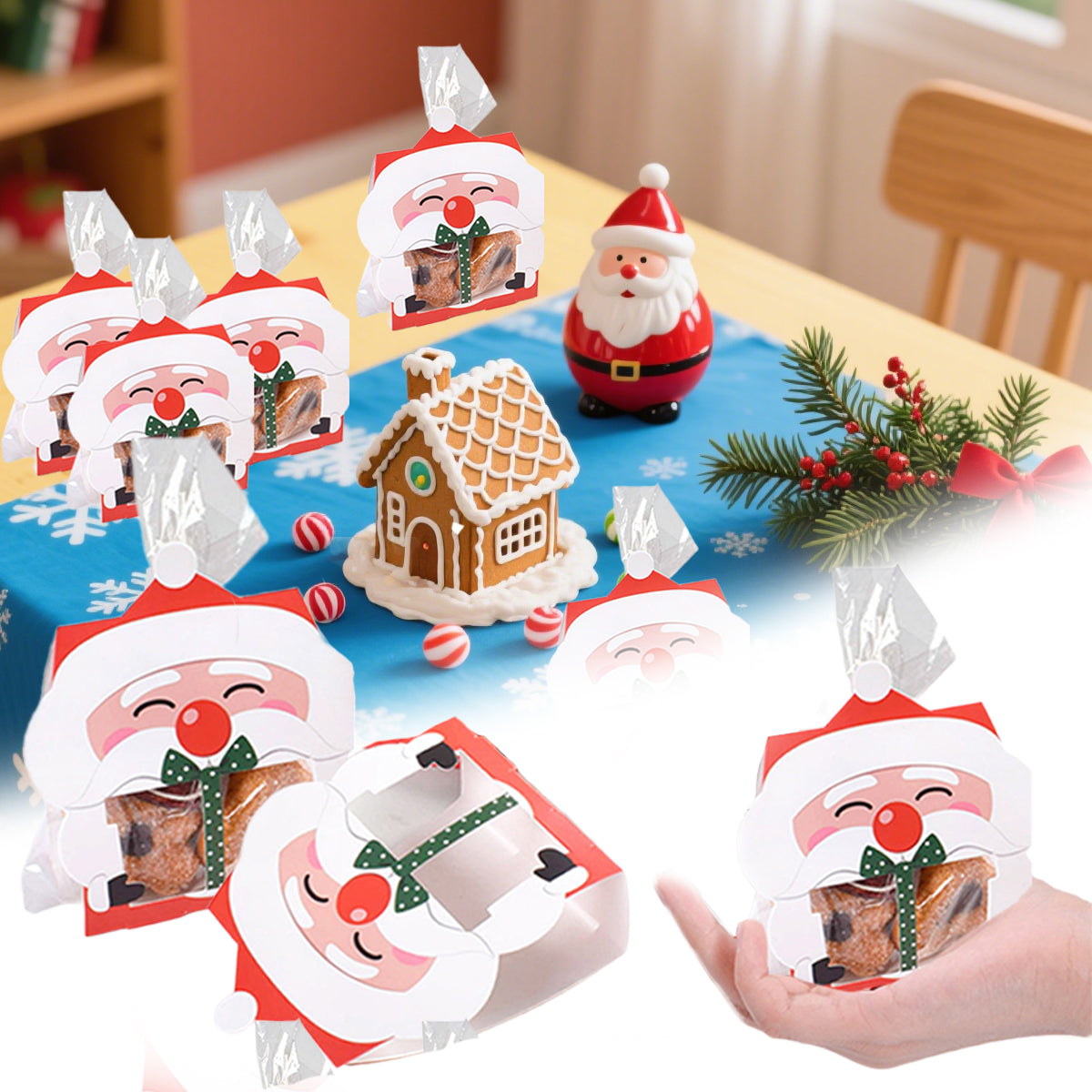 3D Christmas Goody Gift Boxes With Transparent Bags For Holiday Xmas Goodie Paper Boxes, School Classroom Party Favor Supply, Santa Claus Design Candy Treat Cardboard Cookie Box For Xmas G