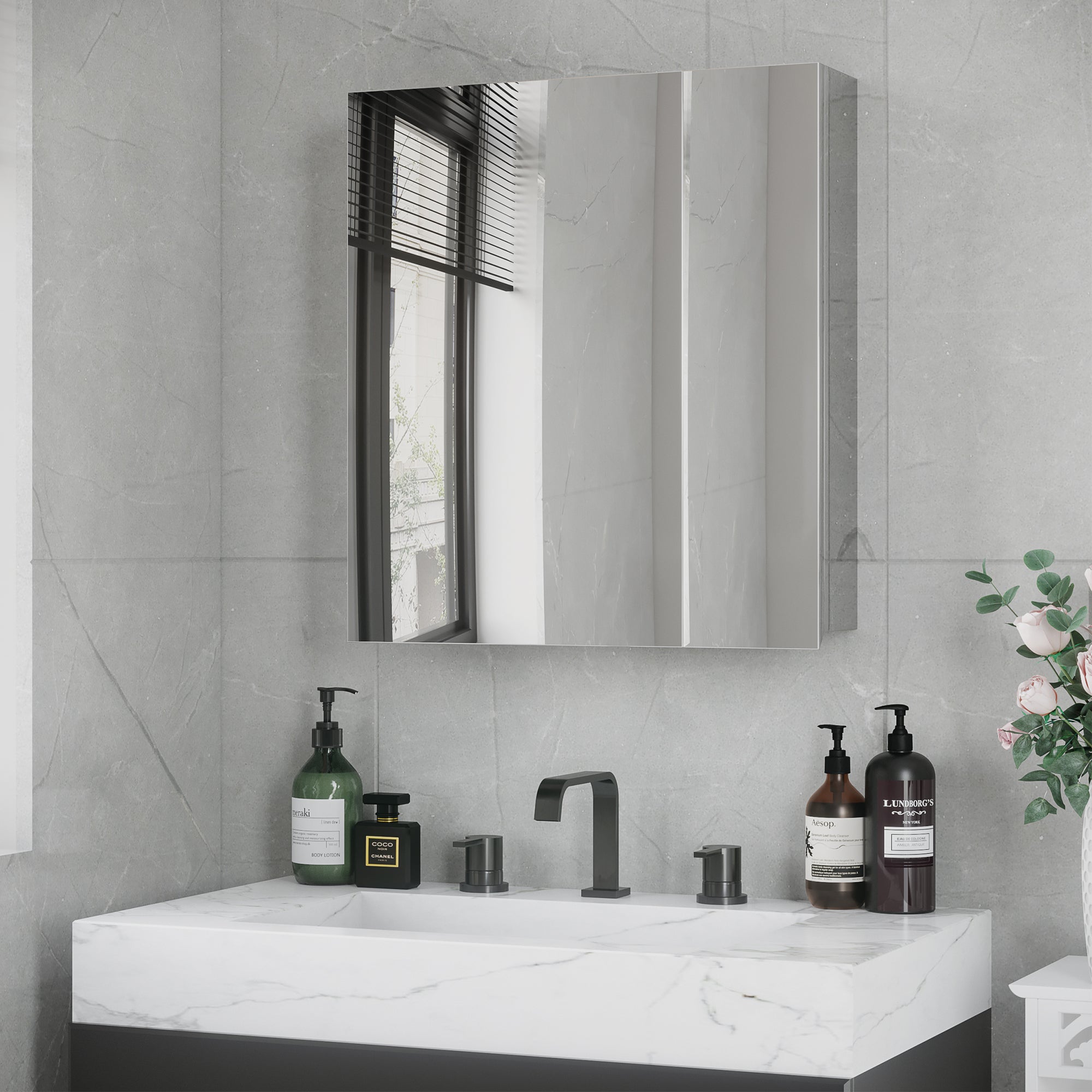 Wall Mounted Bathroom Medicine Cabinet with Hinged Door Storage Shelves for Living Room and Laundry Room Silver