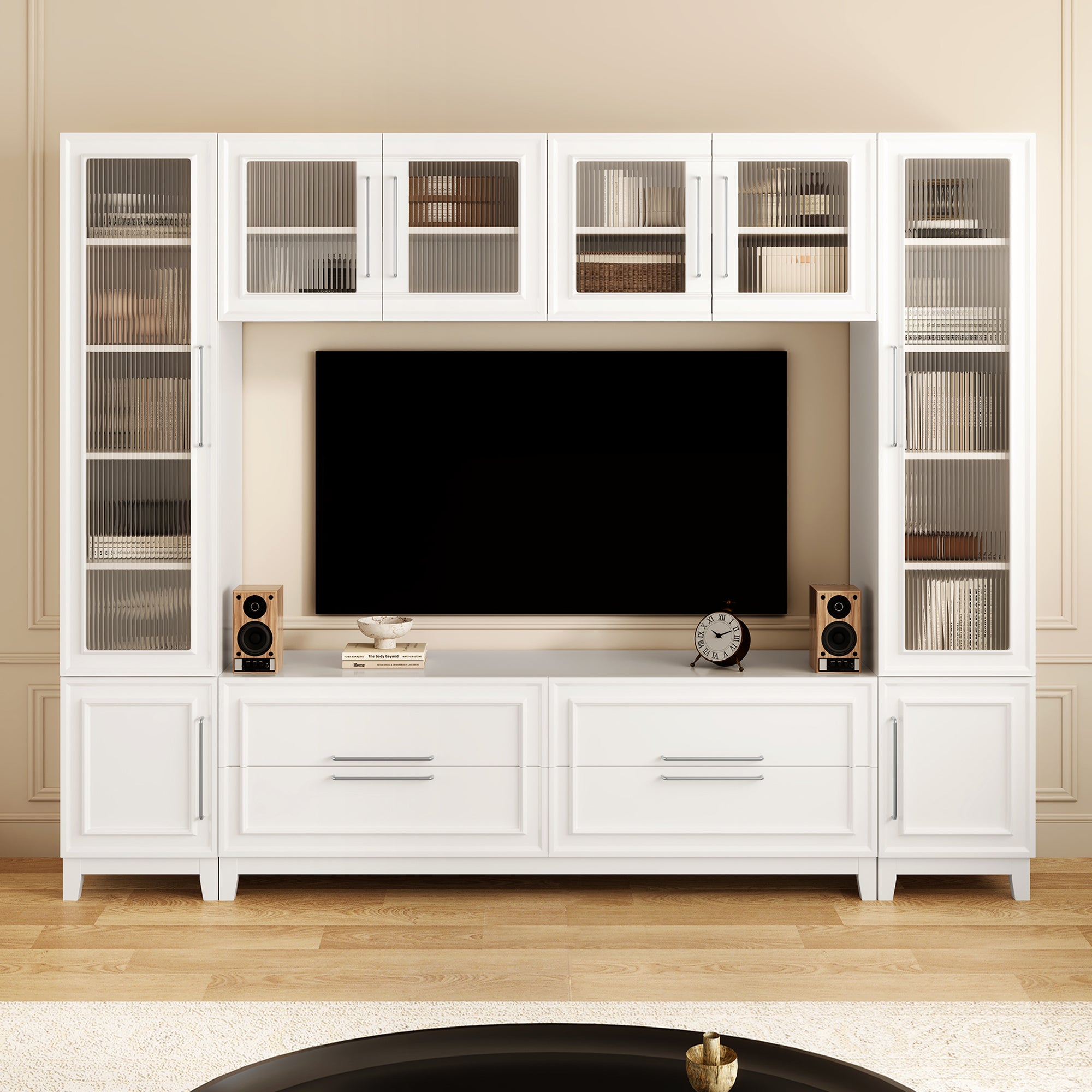 VIBE HAUS 102 W Wall Unit Modern Entertainment Center With Glass Doors For TVs Up To 75, Large Minimalist TV Stand Media Console With Drawers For Living Room