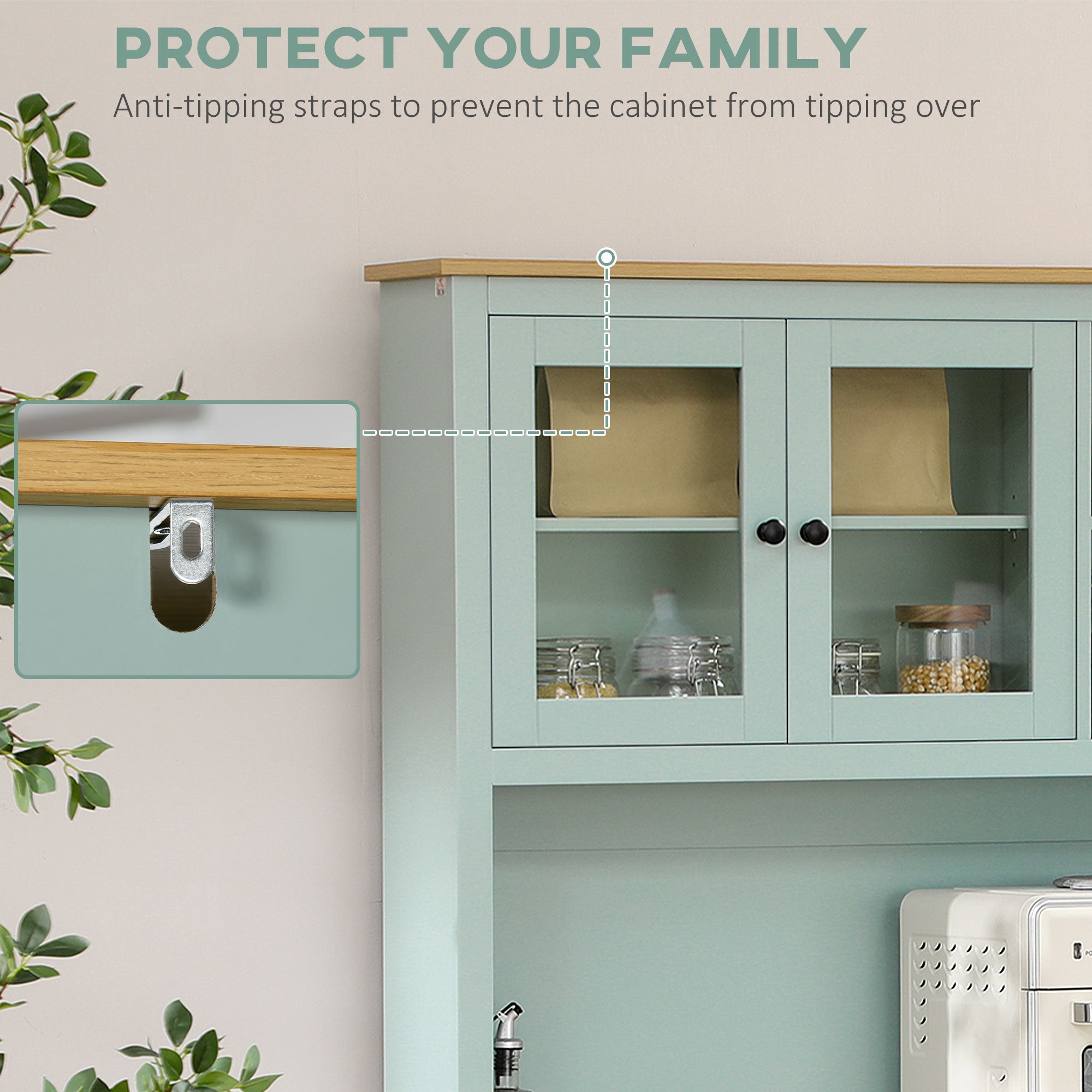 Kitchen Pantry Storage Cabinet with Microwave Stand, 71" Modern Kitchen Hutch with Open Countertop, Glass Doors, Storage Drawers and Adjustable Shelves for Dining Room, Coffee Bar, Light Blue