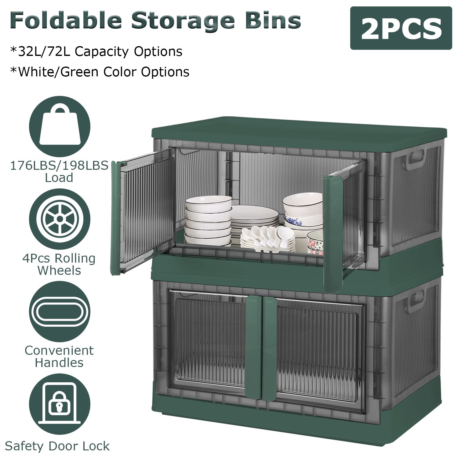 2Pc Foldable Storage Bins With Lid Collapsible Stackable Closet Organizer Containers With Front Door Lock 4Pcs Wheels 32L 72L Size Options