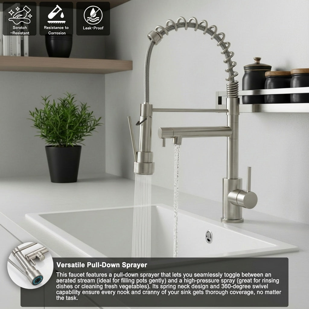 Touch Kitchen Faucet With Pull Down Sprayer, Single Handle Stainless Steel Spring Neck Kitchen Faucet, 2 Function Spray Head, Single Hole Installation, Brushed Nickel
