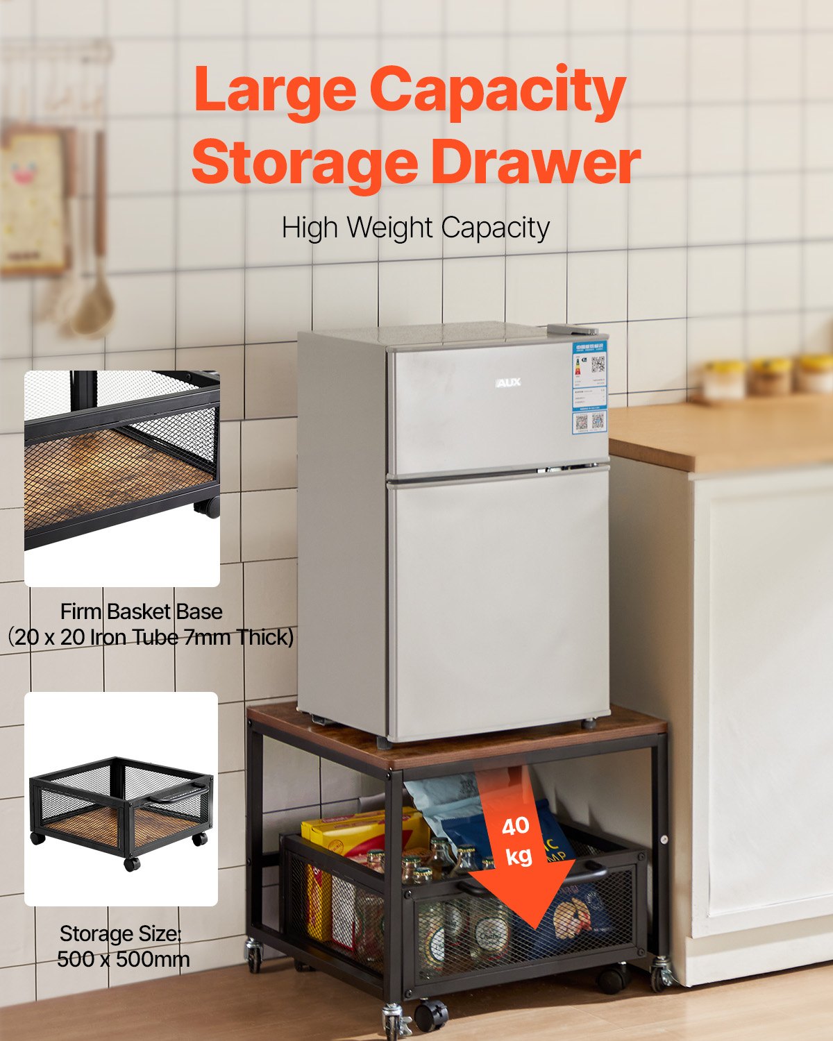 Mini Fridge Stand With Storage 198lbs Cart & Swivel Wheels Light Brown