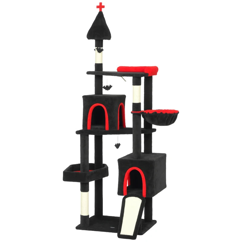 Gothic Cat Tree, Cat Tower With Coffin Bed, 2 Spacious Condos, Sisal Scratching Posts, Bat Hanging Balls, Halloween