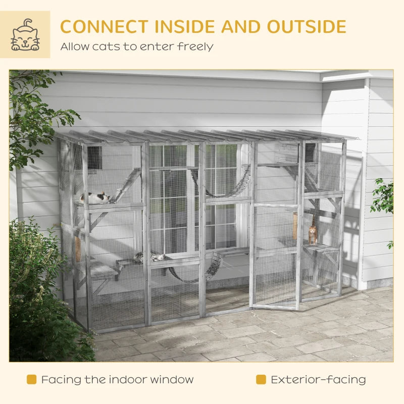 Playground Cat Window Box Outside Enclosure For Multiple Cats W Shelves & Bridges, Gray