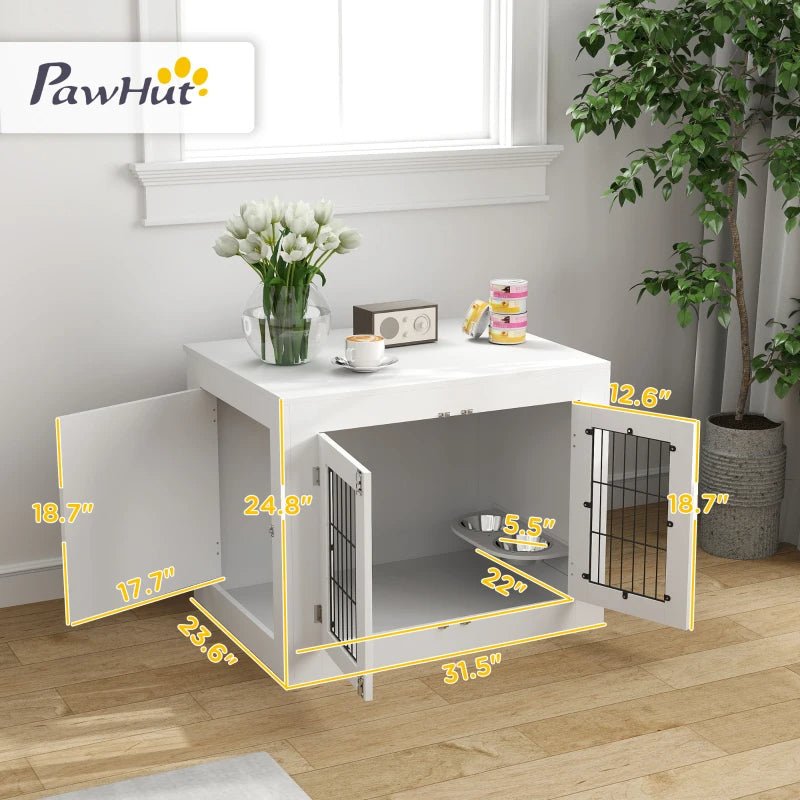 PawHut Dog Crate Furniture With 360 Rotatable Removable Dog Bowls, Dog Kennel Furniture For Medium Dogs, White
