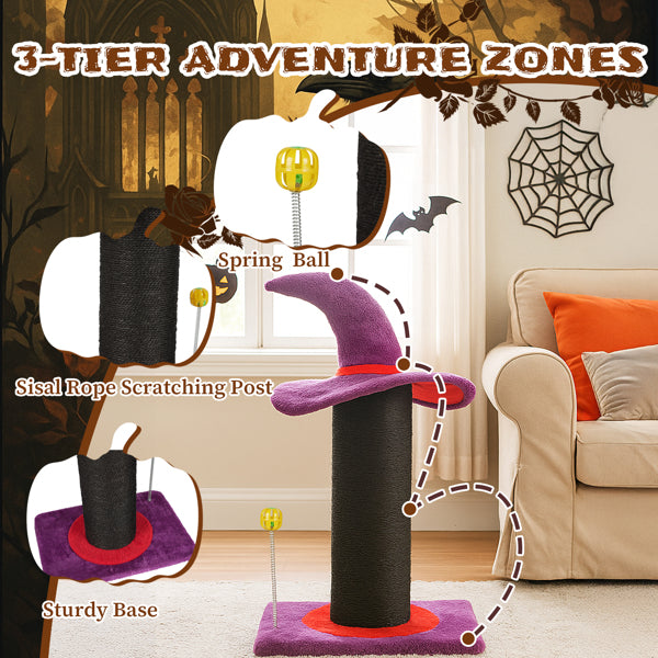 Wizard Hat Cat Scratching Post With Spring Ball Toy For Indoor Cats, Halloween Spooky Cat Scratcher, Purple